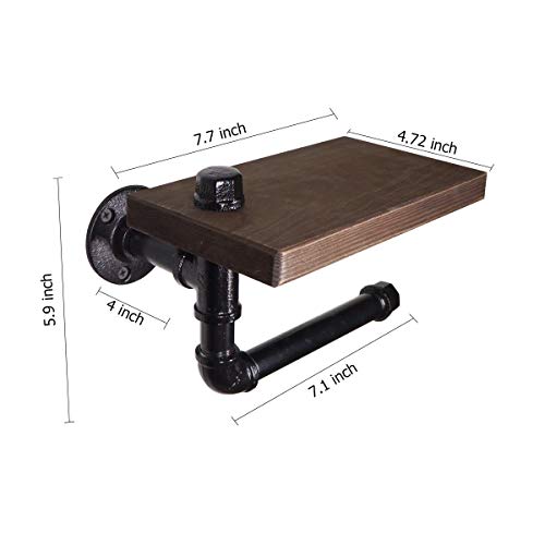 MINCORD Industrial Wall-Mounted Pipe Toilet Paper Holder with Rustic Wooden Shelf Cast Iron Pipe Hardware for Bathroom, Washroom, Black