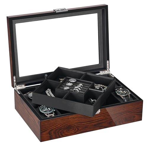 BEWISHOME Jewelry Box for Men, Mens Jewelry Box with Glass Top, Wooden Watch Box Organizer with Smooth Faux Leather Interior, Jewelry Display Case for Earrings Rings Bracelets Watches, Brown SSH07Y