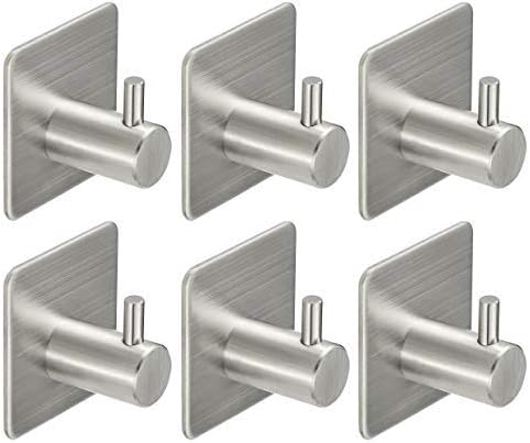 MONFISH Adhesive Door Robe Towel Hooks Kitchen Sticky Hooks 304 Stainless Steel 6 Pack
