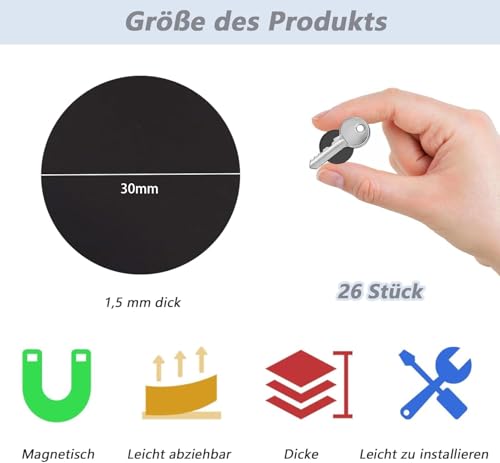 26 Pieces Adhesive Magnets, 30 mm x 1.5 mm Magnetic Plates for Crafts, Adhesive Magnets, Small Magnets for Notes, Photos and Light Objects