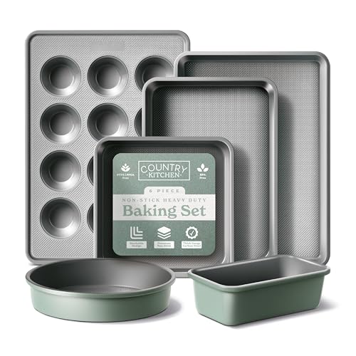 Country Kitchen Nonstick Stackable Bakeware Set - Durable, Easy Release Baking Set, Sage, 6 Pcs