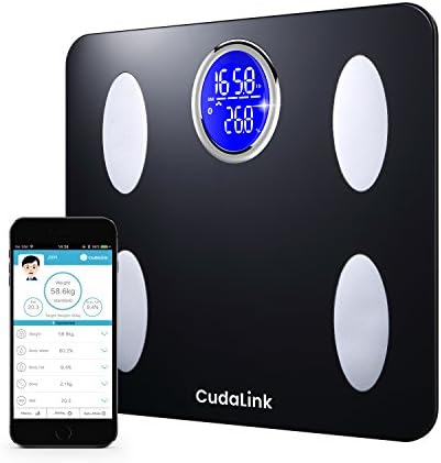 Accurate Bathroom Digital Weight, Body Fat, and Body Mass Scale | Bluetooth Rounded LED Display, Aluminum Electrodes & Tempered Glass Composition Scale | 8 Key Metrics & iOS/Android App (Black)