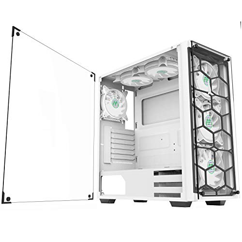 MUSETEX ATX Mid-Tower Chassis with USB 3.0, 6 PCS 120mm Fans ARGB Lighting System Voice Remote Control, 2 Tempered Glass Panels PC Gaming Case,White