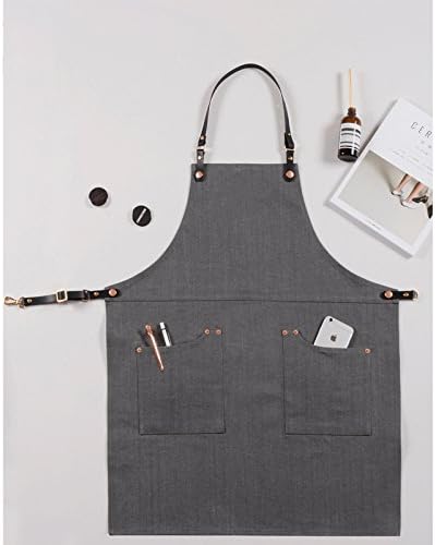 Luchuan Cotton Grey Denim Restaurant Work Aprons with the Adjustable Genuine Leather Belt (style 1 : 33.8"x 25")