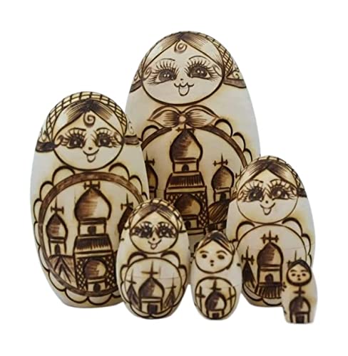 OUFEIJIA Stacking Dolls Beige Nesting Dolls 6 Layer Russian Stacking Dolls Castle Pattern Retro Russian Stacking Dolls for Kid Home Decor
