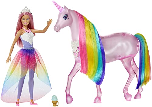 Barbie Dreamtopia Magical Lights Unicorn with Rainbow Mane, Lights & Sounds, Barbie Royal Doll with Pink Hair and Food Accessory, Gift for 3 to 7 Year Olds, GWM78