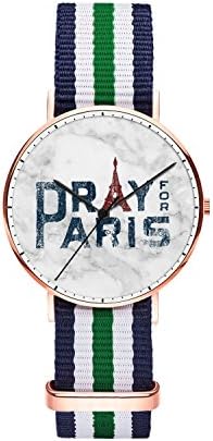 Women 36mm Stainless Steel Rose Gold Classic Quartz Pray For Paris Watch Blue White Gree White Blue Nylon Replaceable Multi-Color Striped Nylon Band, Under 20 Dollar Amout