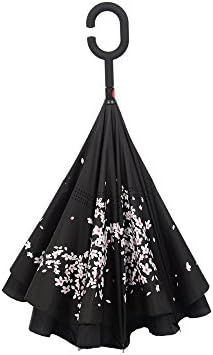 Saimoe Umbrella Double Layer Wind Proof,UV Proof Reverse Folding Travel Umbrella with C Shape Handle and Carrying Bag