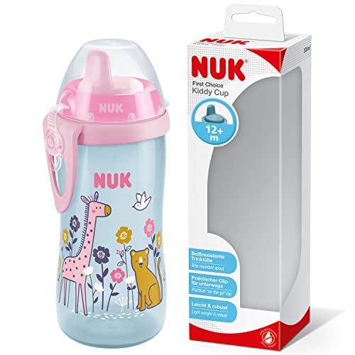 NUK Kiddy Cup Toddler Cup | 12+ Months | 300 ml | Leak-Proof Toughened Spout | Clip & Protective Cap | Pink