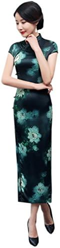 StJoyce Women's Flower Printed Cap Sleeve Traditional Long Cheongsam Chinese Dress Gown,US8/TagXL,DarkGreenPeony