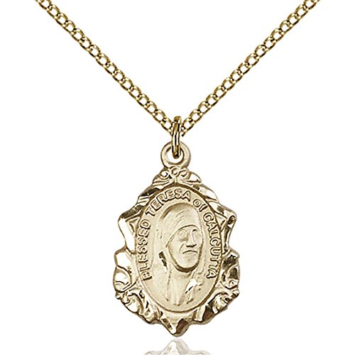 Gold Filled St. Teresa of Calcutta Pendant 3/4 x 1/2 inches with Gold Filled Lite Curb Chain