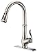 Commercial Single Handle High Arch Brushed Nickel Kitchen Faucets with Pull down Sprayer, Single Level Deck Mounted Pull out Stainless Steel Kitchen Sink faucets with Deck Plate