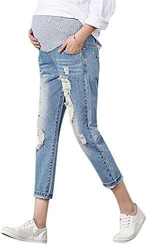Hibukk Women Full Panel Light Blue Washed Ripped Ankle Maternity Slim Jeans, Blue M,Manufacturer(XL)