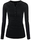 Womens Fitted Tee Henley Neck Long Sleeve Cotton Tshirts BLACK US S(Tag size M)