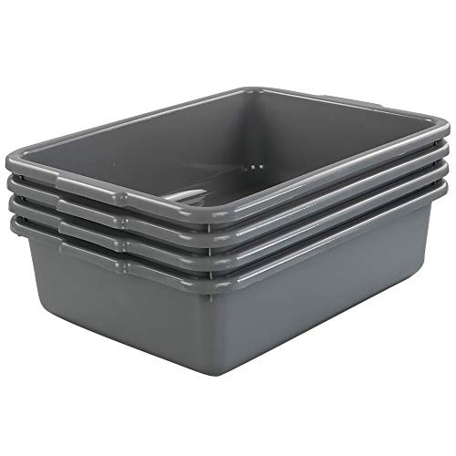 CadineUS Set of 4 Grey Plastic Tote Box, Commercial Bus Box Large, Plastic Dish Bin