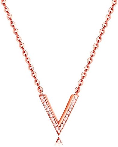 18K Rose-gold Plated Cubic Zircon V Pendant Necklace for Women, 15.7"