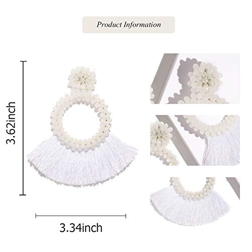 Beaded Tassel Earrings for Women - Statement Handmade Beaded Fringe Dangle Earrings, Idea Gift for Mom, Sister and Friend (Y-White)