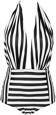 Ecourban Women's One Piece Backless Retro Swimsuit Deep Plunge High Waisted Bathing Suits Swimwear