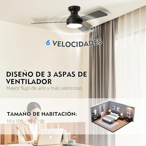 HONGHCL Ventilador de Techo con Luz 42in - Abanico de Techo Silencios con Luces Regulable, Velocidad Ajustable, Remoto (Negro)