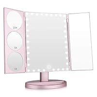 Easehold 35 LED Lighted Vanity Makeup Mirror Tri-Fold with 3X 5X 10X Magnifiers 360 Degree Free Rotation Countertop Bathroom Cosmetic Mirror (Rose Gold)