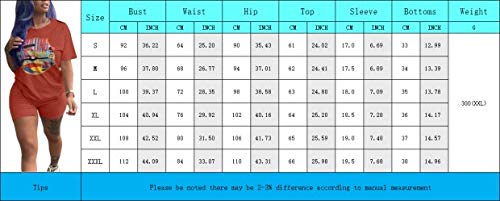 Ptorlio Women 2 Piece Casual Outfit Short Sleeve Cartoon Print T-Shirts Bodycon Shorts Set Jumpsuit Rompers