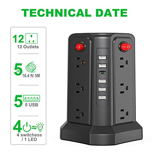 Surge Protector Power Strip 16.4FT/5M 5 USB Ports 12 Outlet Power Strip with USB Long Cord Outlet Surge Protector Tower Overload Protection, Short Circuit Protection