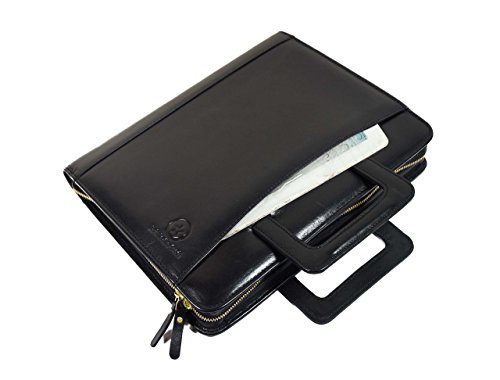 Zippered Genuine Leather Business Portfolio |Easy to Carry Organizer With Writing Pad Holder,Business Card And Pen Slots.IPAD Holder And Flip-Closure Phone Pocket, Black by Aaron Leather(With Handle)