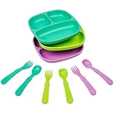 Re-Play Toddler Dinnerware Set - 3 Divided Plates with 3 Fork and Spoon Sets - BPA-Free Kids Tableware - Dishwasher Safe - Made in USA from Recycled Materials, Mermaid