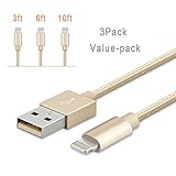 iPhone Charger, Teletrogy 3Pack 3ft 6ft 10ft Nylon Braided iPhone Charger Cable Sturdy and Tangle-Free with Aluminum Connector Charge and Sync Cord for iPhone SE 6s 6 Plus 5s, iPad Air Mini Pro - Gold