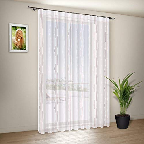 KAMACA XL - Gardine mit Kräuselband / Band ' SUNSHINE DAYLIGHT ' in weiss mit hochdekorativer dezenter Linienstickerei - transparenter Stoff - Fertiggardine - Größe B 222 cm x L 245 cm - stilvoll und elegant - ein Qualitätsprodukt aus dem KAMACA-SHOP (Weiss / Stickerei rot)