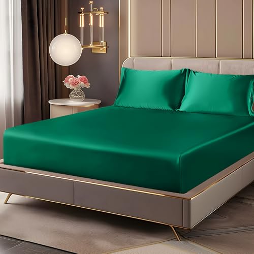 BEDELITE Satin Full Fitted Sheet & Pillowcases Set, Dark Green, 3 Pieces at Amazon