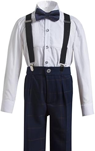 Gele Boy 4 Pieces Suspender Trousers Formal Wear,Shirt+Pants+Straps+Bow Tie (8, Plaid Navy)
