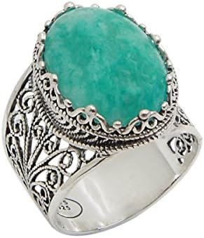 925 Sterling Silver Blue Amazonite Oval Crown Filigree Ring (Size 5 - 11) (10)