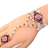 Yazilind Lolita Pink Rose White Beads Metal White Lace Slave Bracelets with Ring fow Women