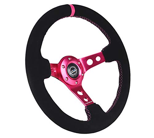 NRG Innovations NRG-RST-006S-FHA 350mm Reinforced Racing Steering Wheel - Black Suede, Fuchsia Stitching & Center Mark