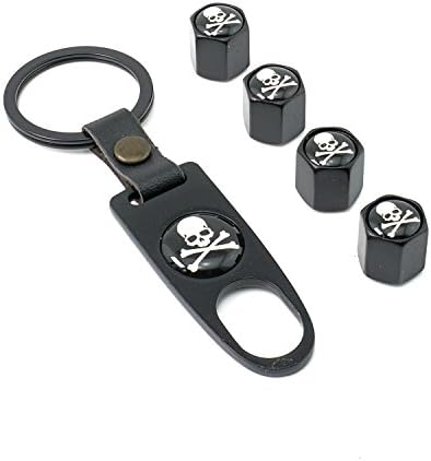 iDoood Car Tire Valve Stem Air Caps Cover + Keychain Black (Logo:For Poison Skull)