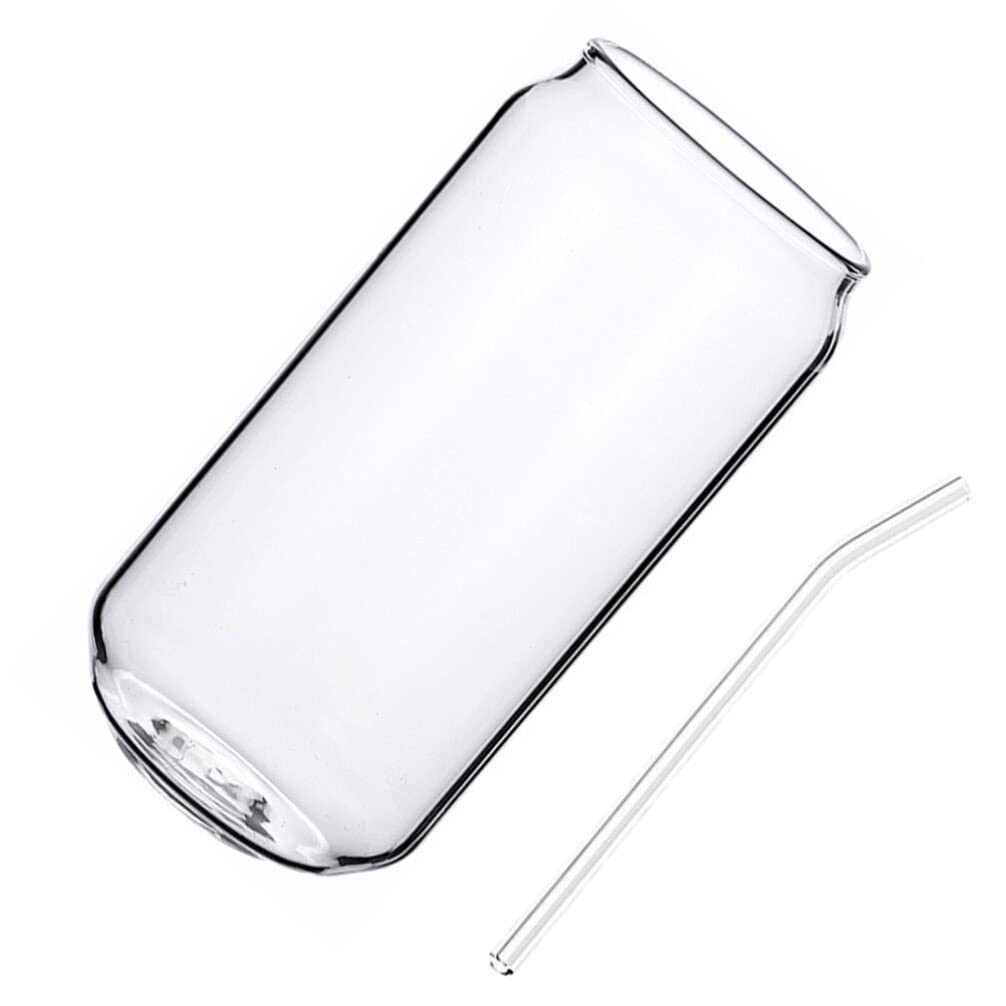 Can Shaped Glass Cups- 17oz Clear Drinking Glasses with Glass Straw- Iced Coffee Cup Cute Glass Tumbler for Whiskey Wine Soda Juice Cocktail Beverage