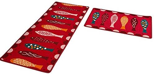 ssok rugs Kitchen Mat Runner Non-slip Backing Doormat Area Rug Absorbent Floor Mat Fish Pattern Carpet-red 45x180cm(18x71inch)