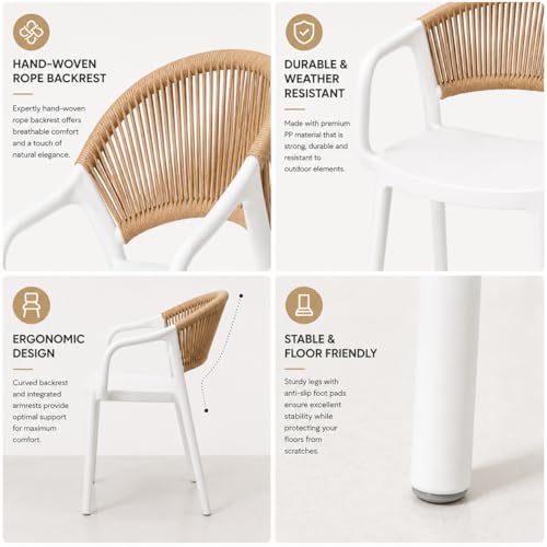 MARCOLO Chair with Arms, Outdoor Plastic Dining Armchair, Weather & UV Resistant Patio Chair for Balcony, Garden, Kitchen & Indoor Outdoor Use, Modern Rope-Style Design, 41x53.5x82cm (White)