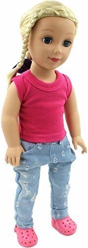 18" American Girl Clothes Pink Tank Top Vest T Shirt Blue Ripped Jeans Cotton Costume Outfit 2 Pcs Set(doll or Shoes Are Not Included)