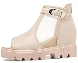 Womens Fashion Wedge Platform Sandal Shoes 4Tagre Peep Toe Back Zipper Buckle Strap Mesh Hidden Sandal(7 B(M) US, Khaki)