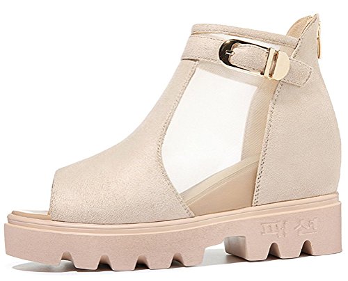 Womens Fashion Wedge Platform Sandal Shoes 4Tagre Peep Toe Back Zipper Buckle Strap Mesh Hidden Sandal(7 B(M) US, Khaki)