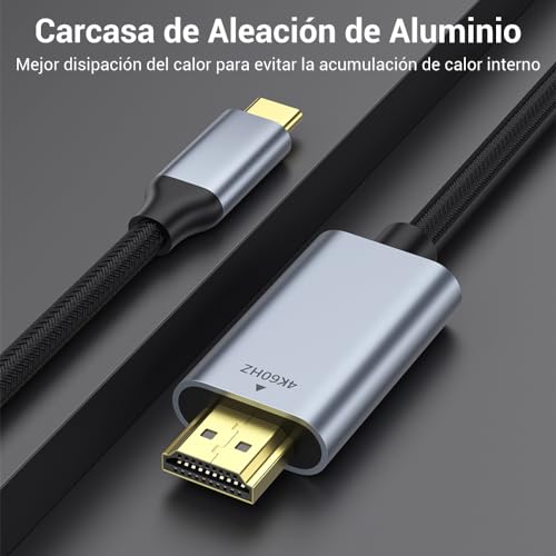 Cable USB C a HDMI 2M, Cable USB Tipo C a HDMI, 4K 60Hz HDMI a USB C Cable HDMI a Tipo C Compatible con MacBook, Samsung Galaxy, Huawei, Teléfonos Móviles, Computadoras, Monitores