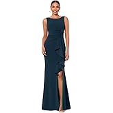 Betsy & Adam Women's Long Sleeveless Boat Neck Ruffle Side Slit Scuba Crepe Gown