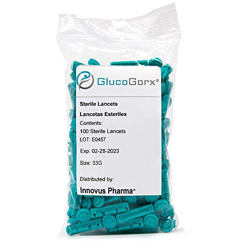 GlucoGorxÂ® Sterile Lancets - Provides Safe Twist Top Teal Lancet - 100 Count Bag (33 Gauge) for Blood Glucose Testing for Blood Sugar with Alternate Site Testing on Forearm, Palm or Finger