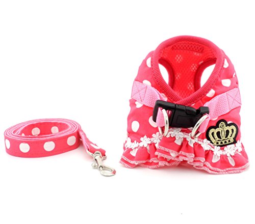 SMALLLEE_LUCKY_STORE Small Dog Cat Sweet Dots Pattern Vest Harness Leash Set Mesh Padded Lead Pink M
