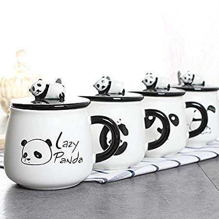 Satyam Kraft (Pack of 1) Panda Ceramic Mug with Ceramic Lid and Spoon for Diwali Gift, gift-300 ML (Panda)