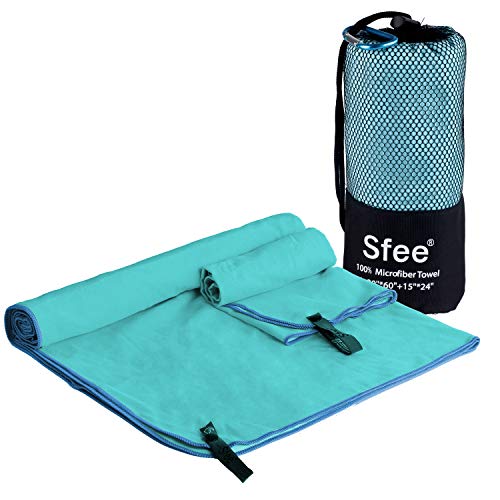 Sfee Microfiber Sport Travel Towel Set -32"x16", 2 Pack - Quick Dry Absorbent Compact Lightweight Soft Beach Yoga Bath Hand Gym Golf Towels-Fit for Outdoors Fitness Hiking Camping +Carabiner(S Mint)