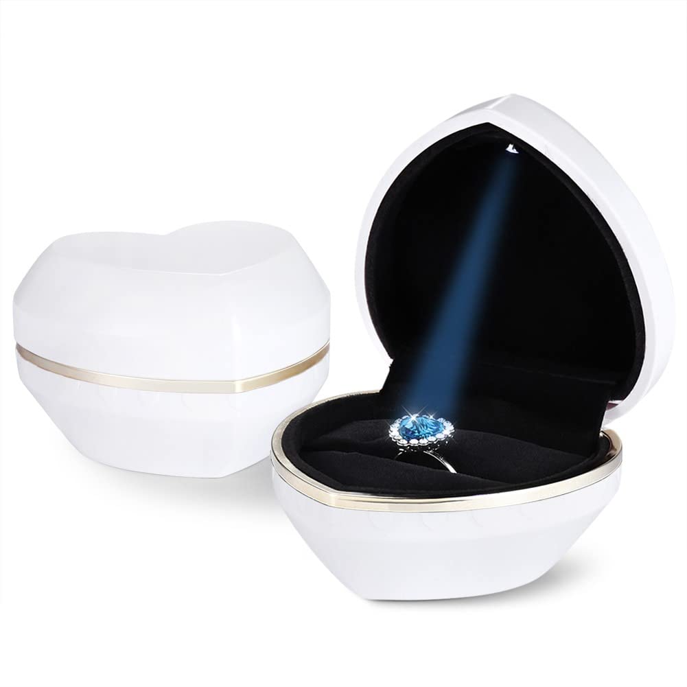 Velvet Ring Box With LED Light Heart Shape Ring Gift Box Display Case for Wedding Engagement Creative LED Jewelry Box White