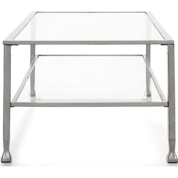 CLICKDECOR MADDOX 2-TIER TEMPERED GLASS COFFEE TABLE WITH METAL FRAME, CONSOLE, LIVING ROOM ACCENT FURNITURE, RECTANGULAR TOP WITH STORAGE SHELF, EASY ASSEMBLY, 48 INCH, SILVER